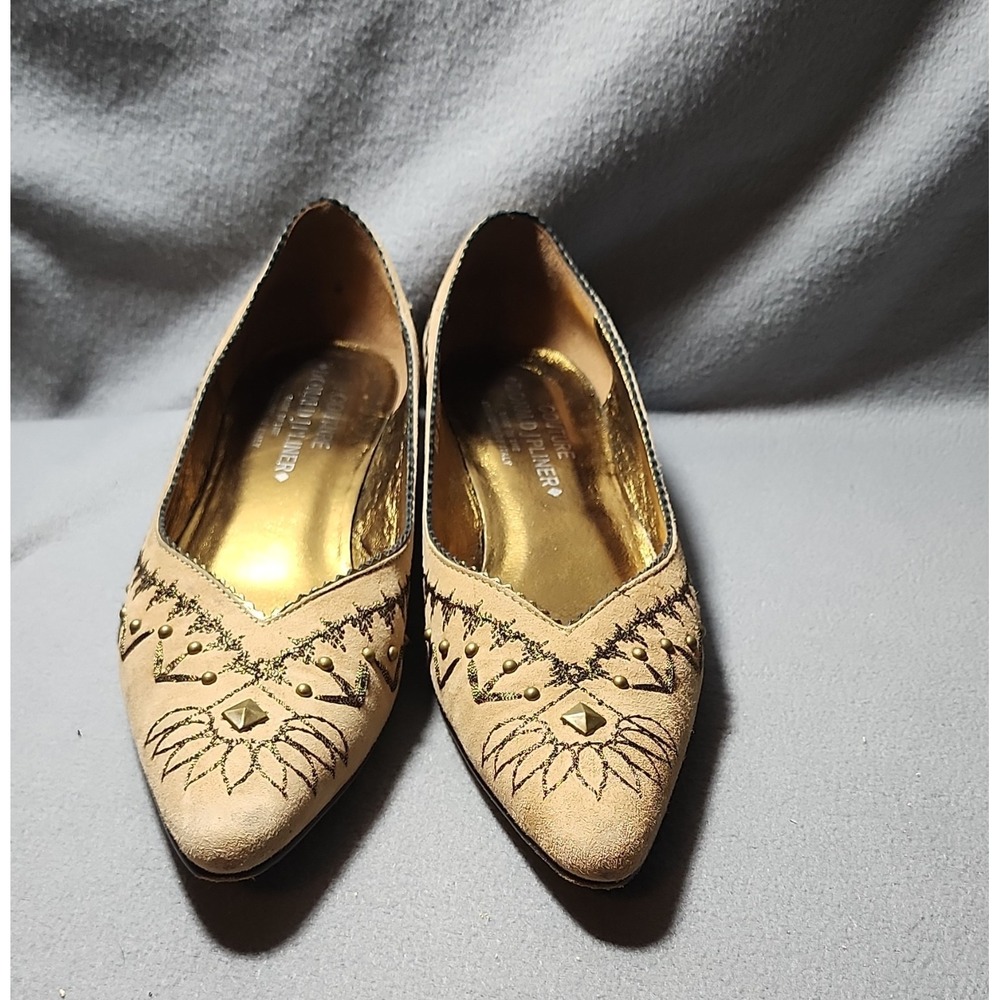 donald j pliner pumps beige gold embroidered studded pointed toe slip on